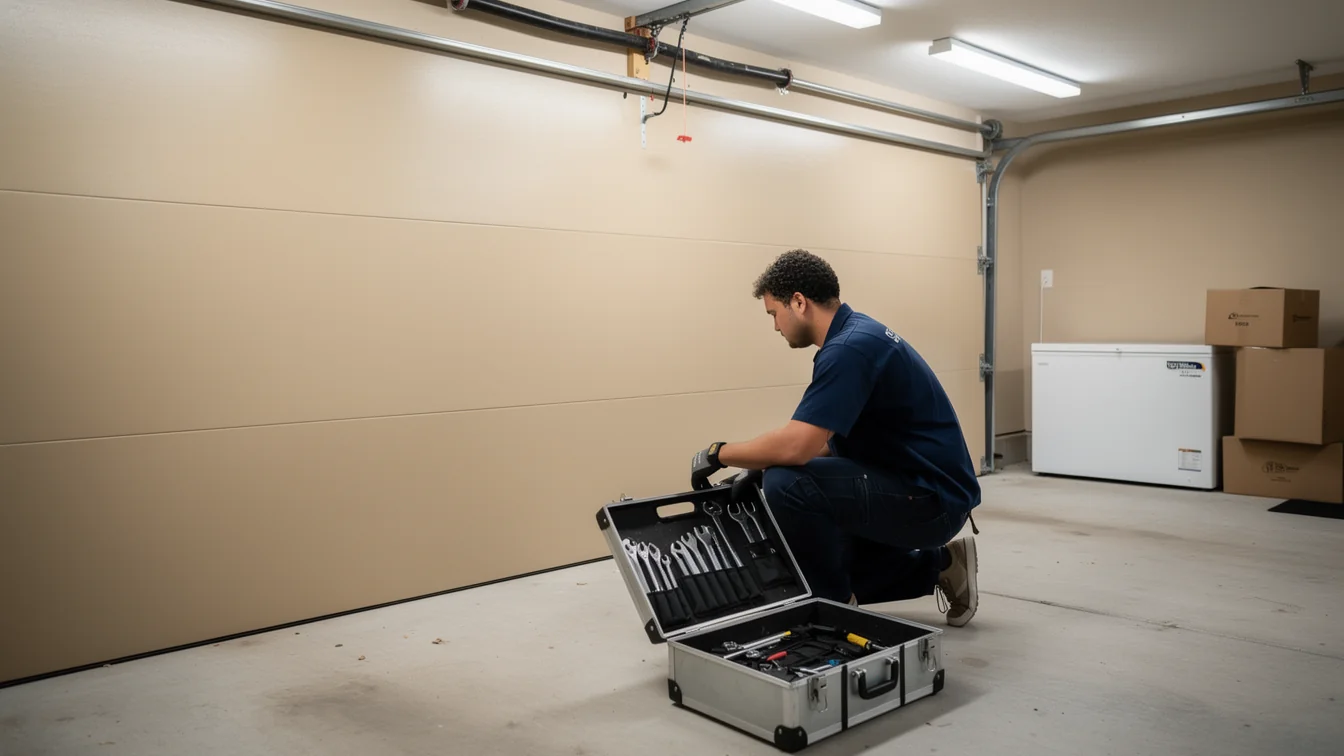 A technician kneels in a garage with an open toolbox in front of a beige garage door.
