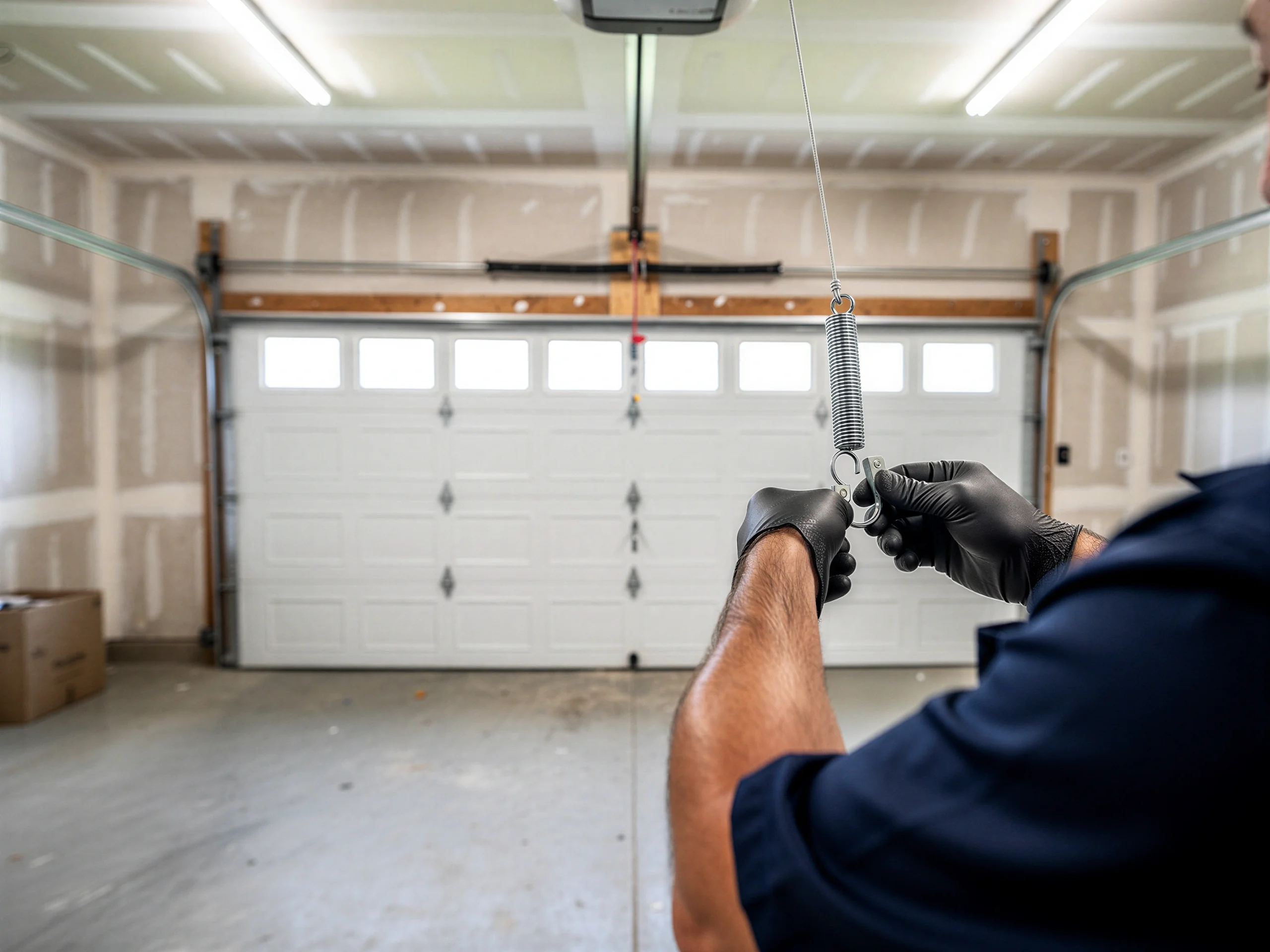 A technician in black gloves holds a garage door extension spring.