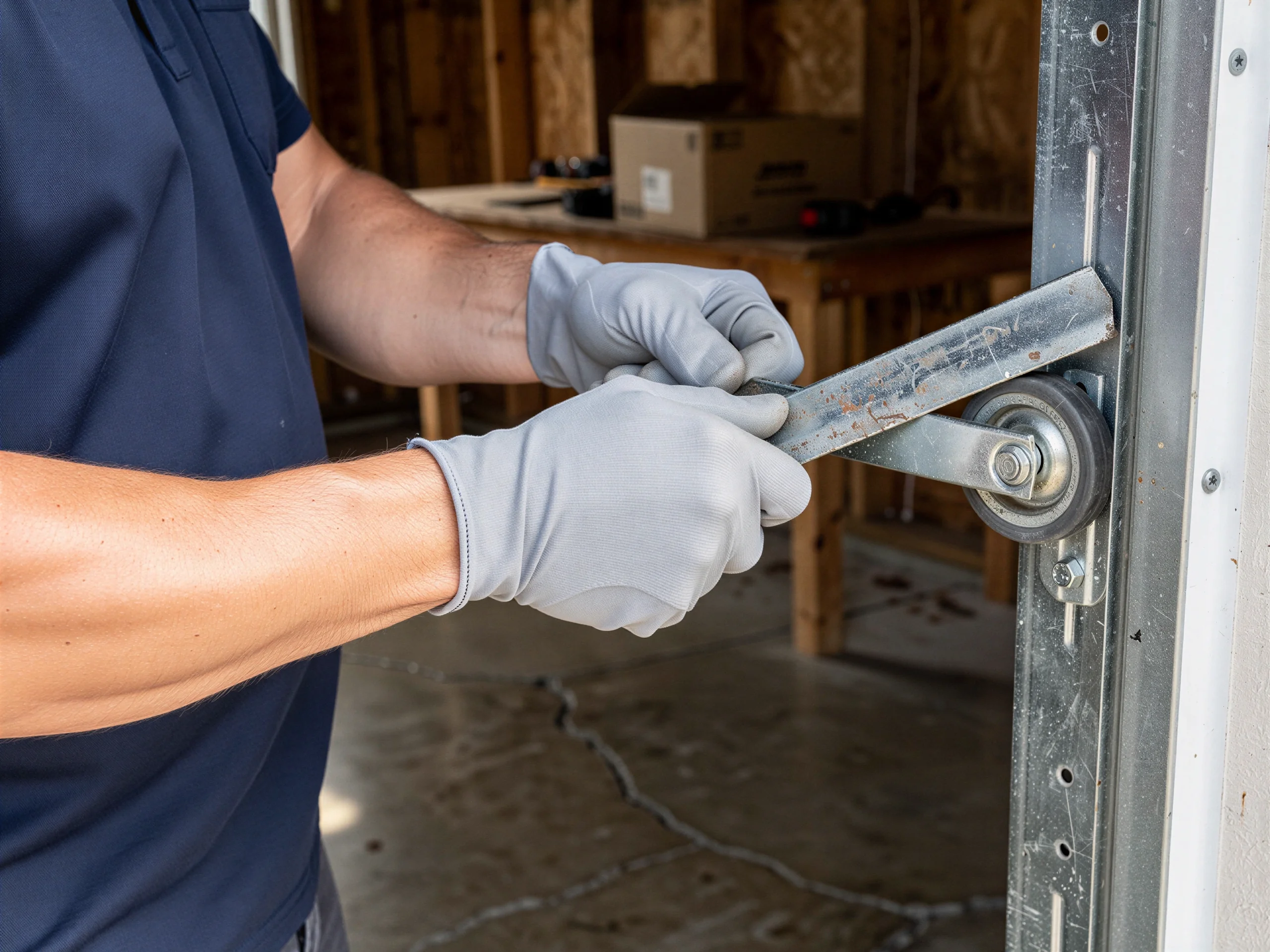 A technician wearing gloves adjusts a garage door roller on its track.
